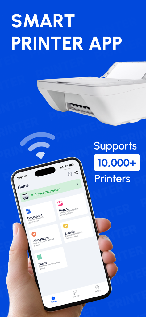 Smart Print: Printer & Scanner - Smart PrintアプリのiPhoneインターフェース。ドキュメントや写真をワイヤレスで印刷するオプションが表示されています。