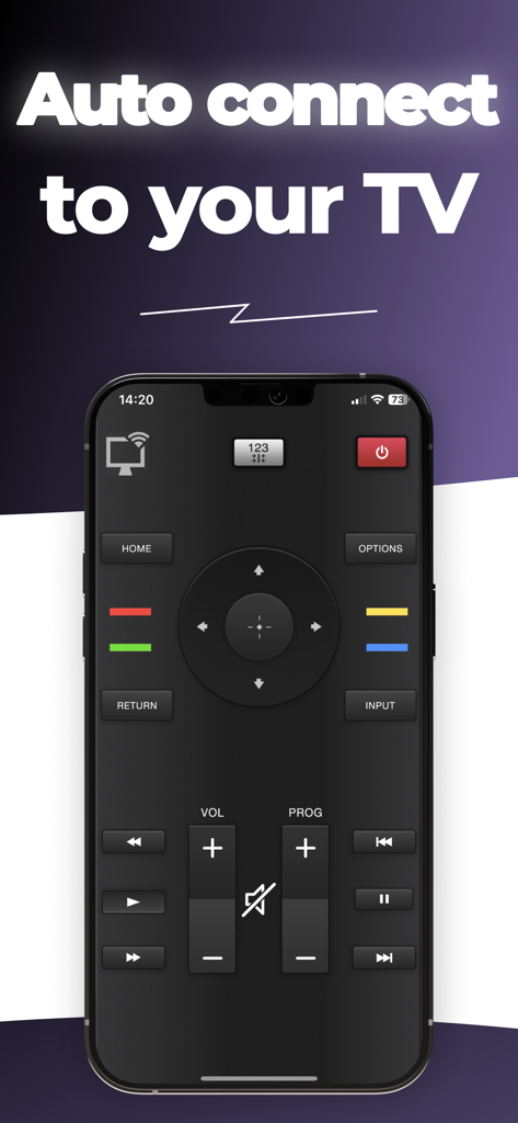 Unimote : smart TV remote - 自動接続機能と仮想リモートボタンを示すスマートフォン上のUnimoteアプリインターフェース。