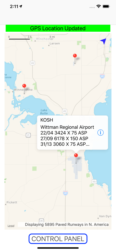 Airport Runway Finder - Schermata mappa dell'app Airport Runway Finder che mostra le specifiche della pista del Wittman Regional Airport e le posizioni delle piste pavimentate.