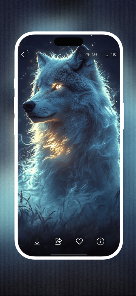 Walli - Stunning Wallpapers 4K - A majestic white wolf with glowing eyes as a 4K wallpaper on an iPhone