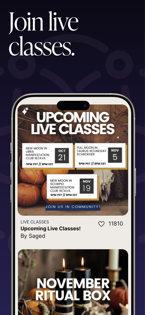 Saged app interface showing upcoming live manifestation classes and moon rituals