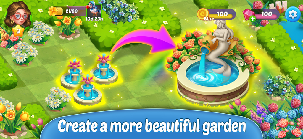 Zusammenführen von Gartenbrunnen, um eine wunderschöne Meerjungfrauenstatue in Fairyland Merge and Match zu erschaffen.