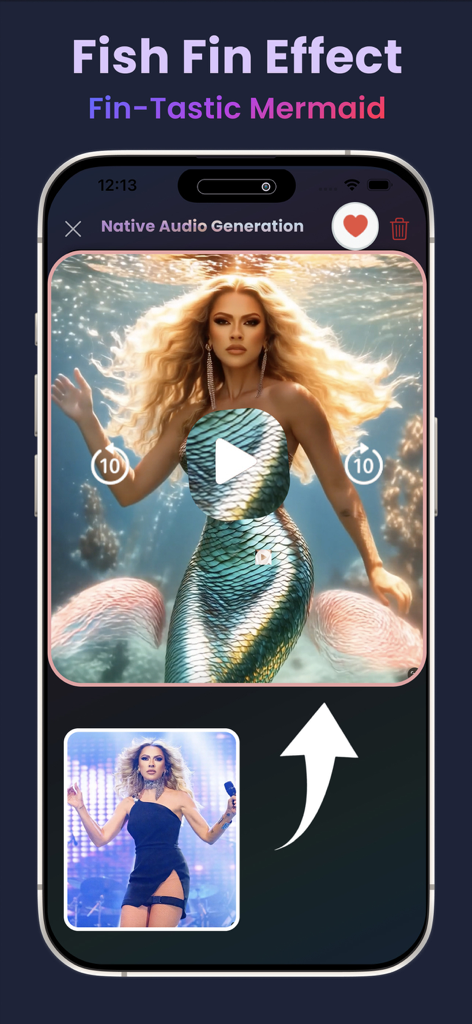 Écran de smartphone montrant l'effet IA Fin-Tastic Mermaid transformant une photo en visuel de sirène.