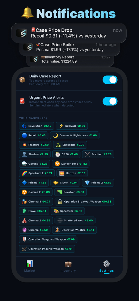 Mobile screen showing CS2 skin price drop and spike notifications and alert settings
