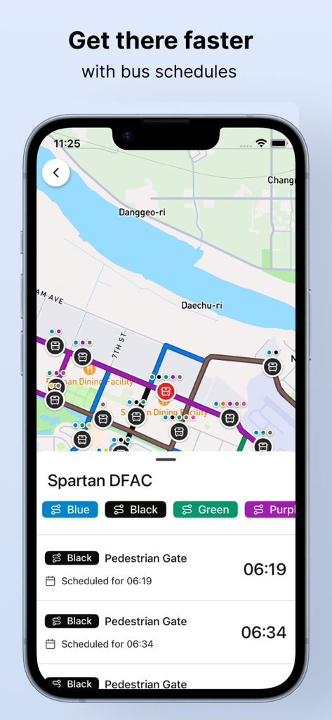 Die MyArmyPost App-Oberfläche zeigt eine Karte mit farbigen Busrouten und einen Fahrplan für das Spartan DFAC