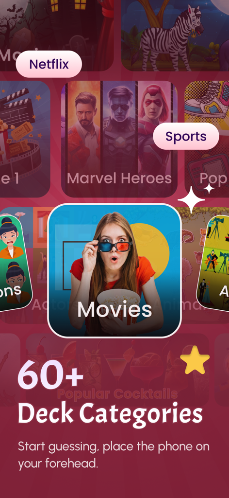 Mobile app interface showing over sixty charades deck categories including Movies, Marvel Heroes, and Sports.