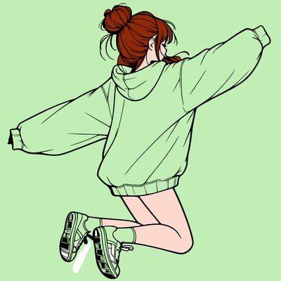 realistic girl jumping with a bun and oversized sweatshirt