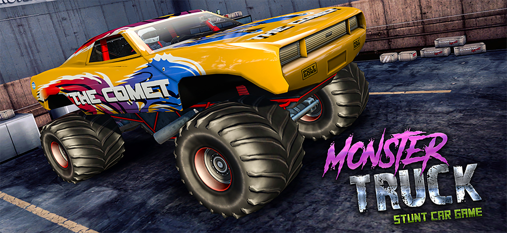 Monster Trucks Stunt Racing 3D - Un camión monstruoso amarillo llamado The Comet presentado en el juego de coches de acrobacias de camiones monstruosos.