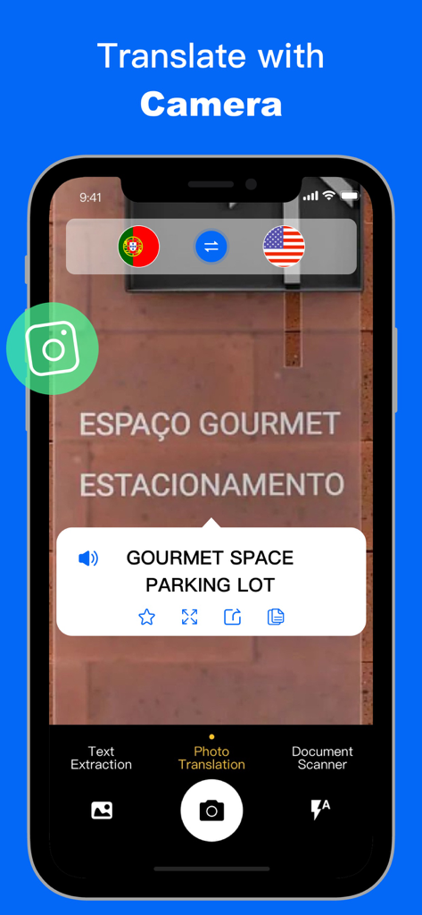 Die Benutzeroberfläche der Translator Go-App übersetzt ein portugiesisches Schild mit der Kamera ins Englische.