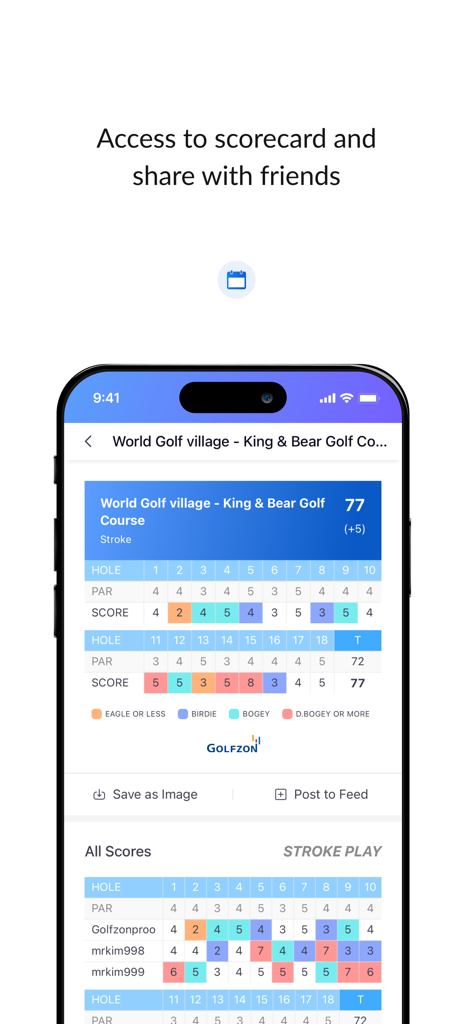 A mobile screen showing a detailed digital golf scorecard with a save and share feature for social comparison.