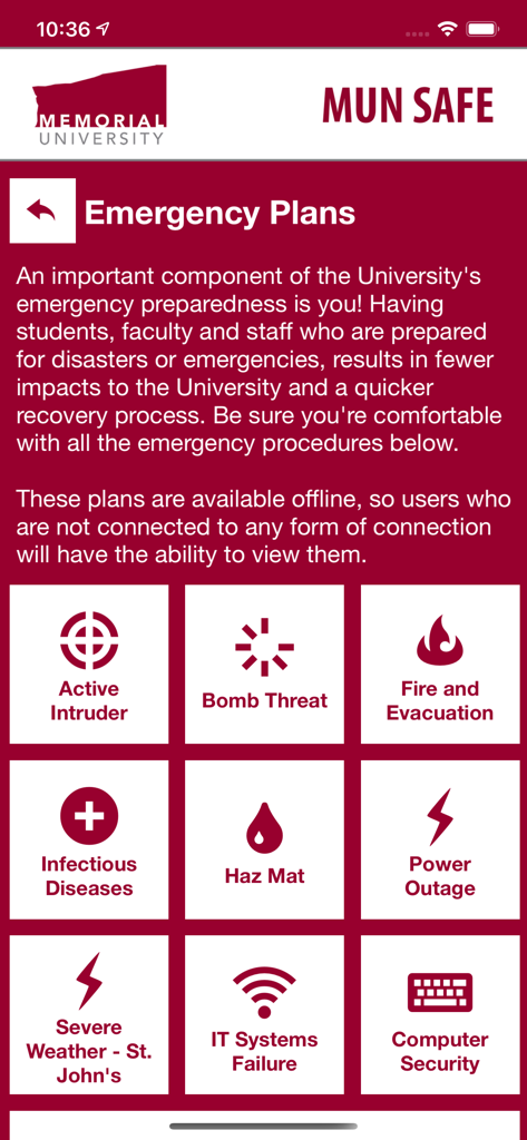 MUN Safe - Emergency plans screen in the MUN Safe mobile app displaying icons for various safety procedures like fire evacuation and severe weather.
