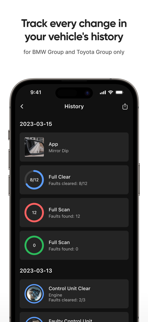 OBDeleven app interface showing a chronological history of vehicle diagnostic scans and customization changes.