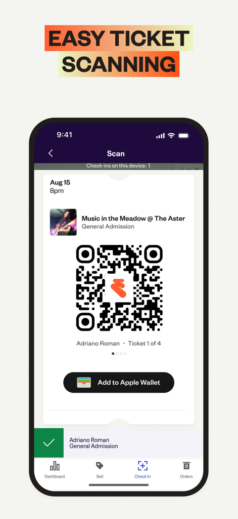 Écran de l'application Eventbrite Organizer affichant un code QR de billet pour un enregistrement rapide des participants