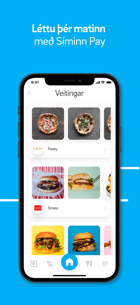 Siminn Pay app interface showing restaurant and food deals including pizza and burgers