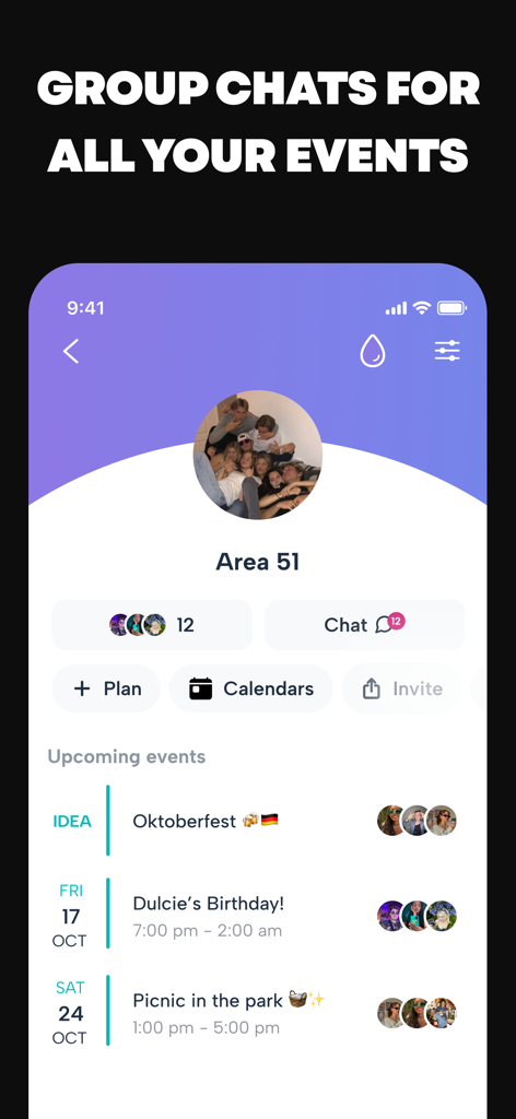 Howbout app interface showing a group page with upcoming events and a chat feature
