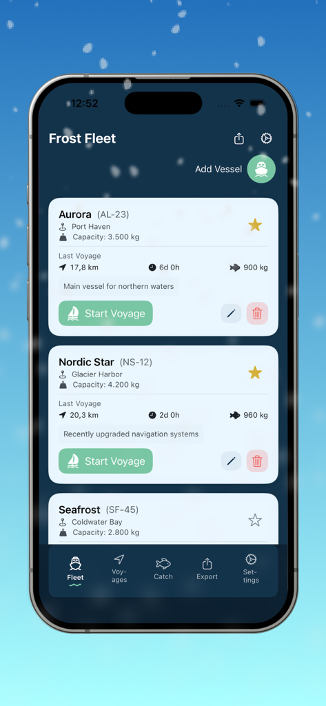 Ice Fishing - Interfaccia dell'app mobile che mostra la schermata di gestione Frost Fleet con un elenco di navi da pesca e i loro ultimi riepiloghi di viaggio