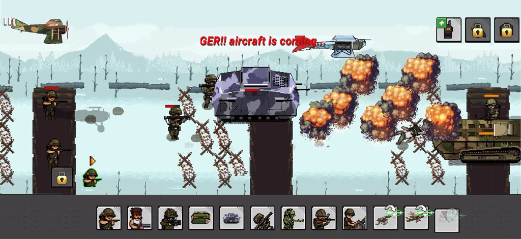 Batalla estratégica de pixel art de la Primera Guerra Mundial con tanques y explosiones en Trench Warfare 1914