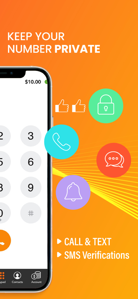 Fanytel mobile app interface featuring private virtual phone number for calling and SMS verification