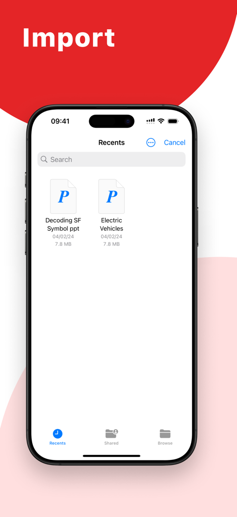 Interface do aplicativo móvel Zoho Show exibindo arquivos de apresentação do PowerPoint importados em um iPhone