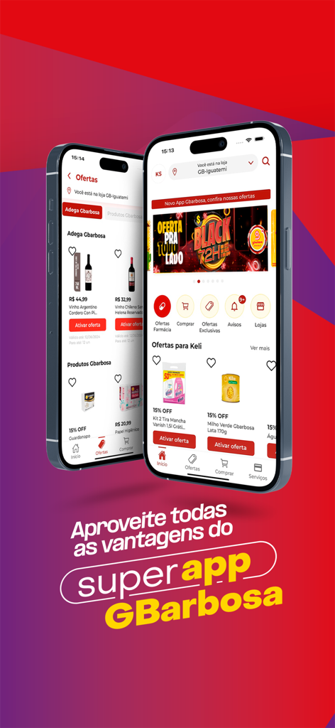 GBarbosa - Two smartphones displaying the GBarbosa supermarket app with exclusive digital offers and grocery deals.