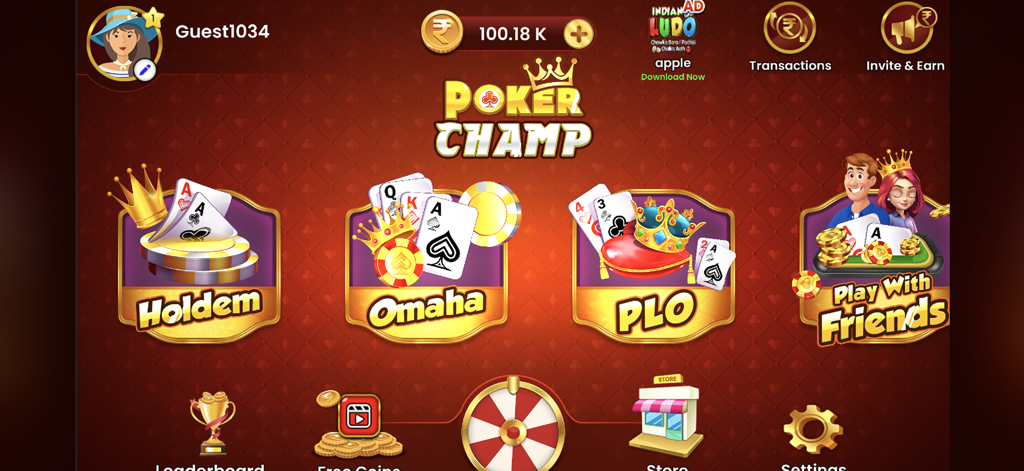 Poker Champ TexasHoldem Omaha - Main menu of Poker Champ app featuring Texas Holdem Omaha and Pot Limit Omaha game modes
