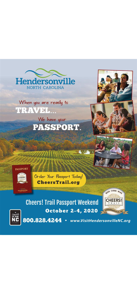 American Road Magazine - Travel advertisement for Hendersonville North Carolina showcasing the Cheers Trail and local vineyards.