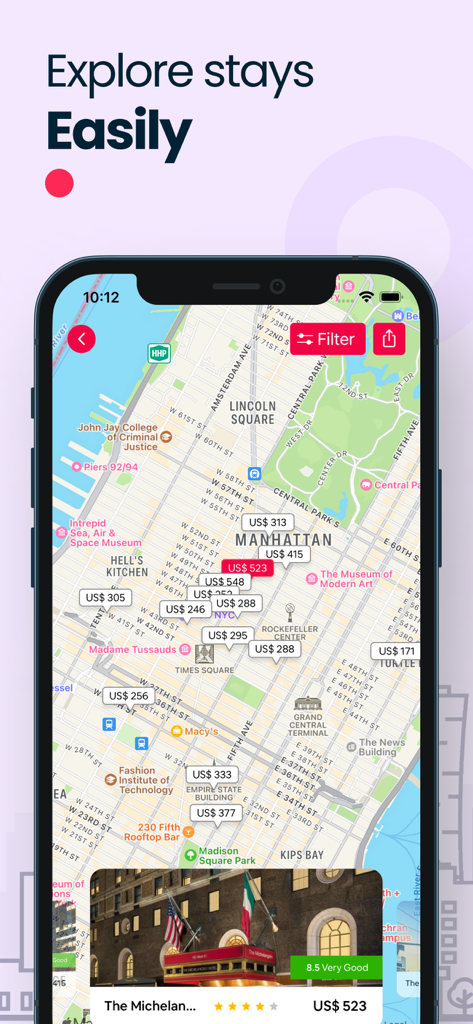 Hotel Discounts・Booking App - Mobile app interface showing a map of Manhattan with hotel price pins and a stay preview card.