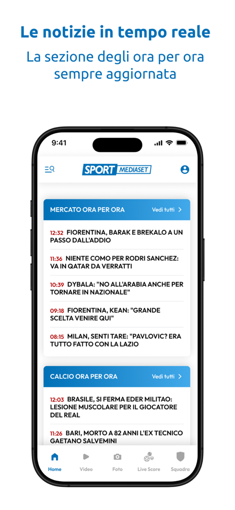 SportMediaset - Interfaz de la aplicación SportMediaset mostrando noticias de fútbol italianas en tiempo real y actualizaciones del mercado de fichajes