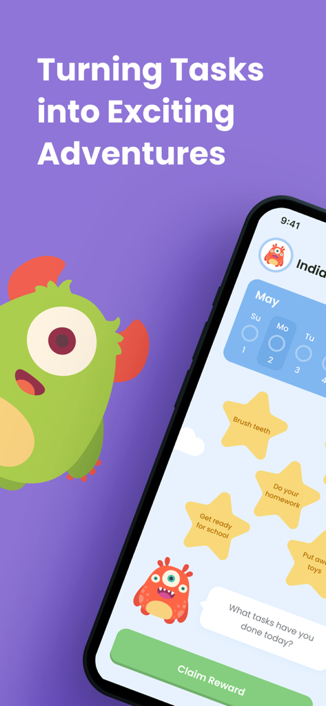 Star Reward Charts - Interface de l'application Star Reward Charts montrant des tâches sous forme d'étoiles dorées avec des personnages monstres mignons et un bouton de réclamation de récompense