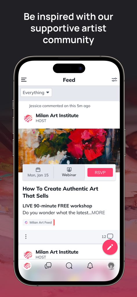 Milan Art - Milan Art app community feed showing a workshop event about creating art that sells with an RSVP button