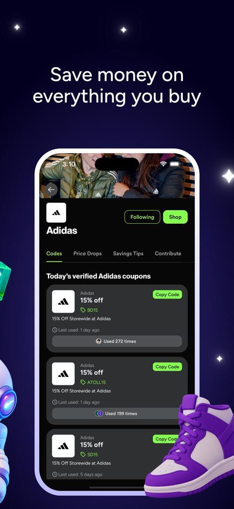 SimplyCodes: Coupons & Rewards - SimplyCodes app interface showing multiple verified 15 percent off coupons for Adidas with copy code buttons.