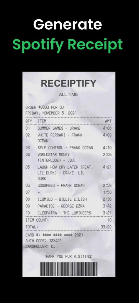 Spotifyアカウントから最も再生された楽曲のリストを表示するデジタルレシート