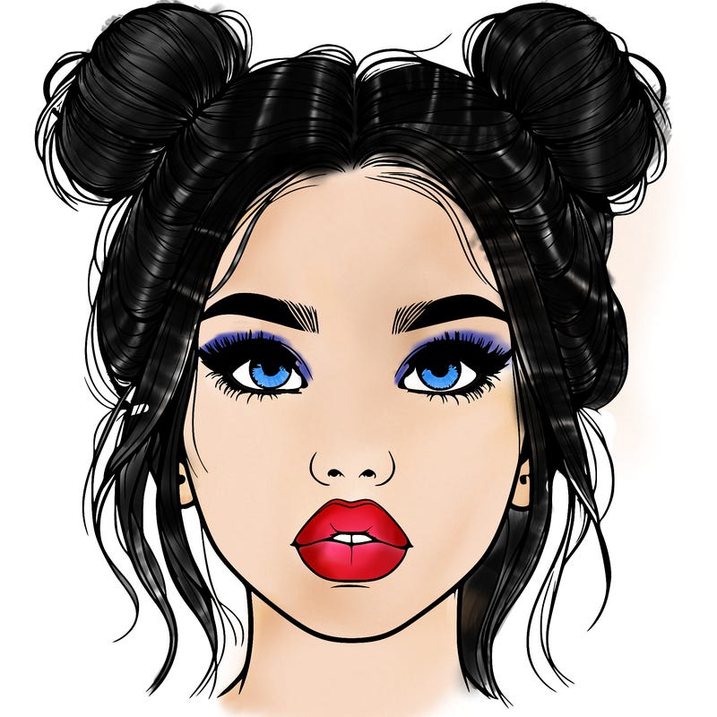 realistic girl with two buns on her hair and lips
