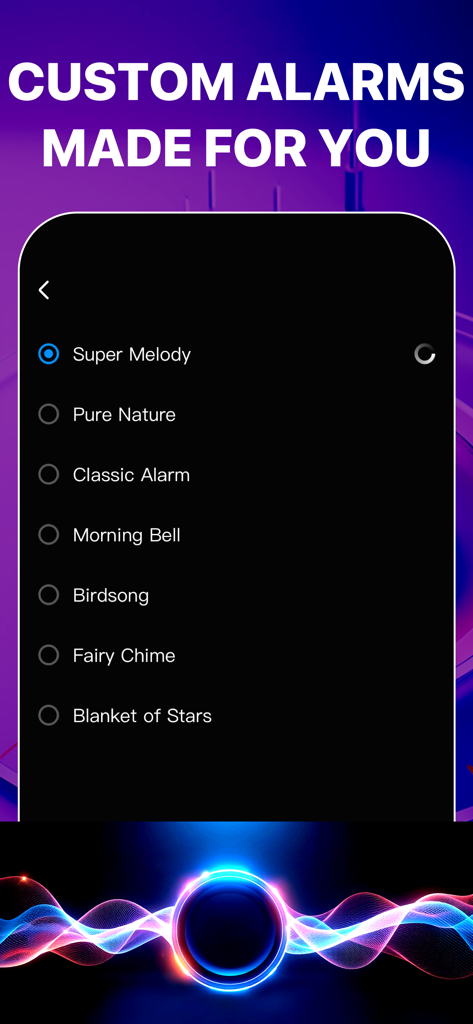 Workday & Holiday Real Alarm - Pantalla de selección de tonos de alarma personalizados que presenta una lista de tonos y un gráfico vibrante de onda sonora.