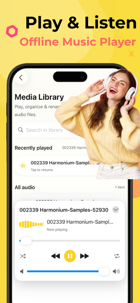 Oberfläche der SnapTube Offline-Musikplayer-App, die die Medienbibliothek und die Audiowiedergabesteuerungen zeigt
