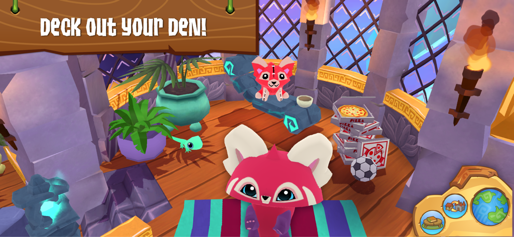 Animal Jam - A pink animal character in a fully decorated den with plants pizza boxes and a soccer ball in the Animal Jam mobile game
