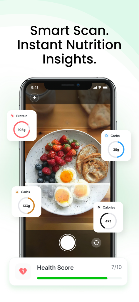 Ephyra - Calorie & Workout - Interface de l'application Ephyra montrant un scan IA intelligent pour une analyse nutritionnelle instantanée et un score de santé à partir d'une photo de repas