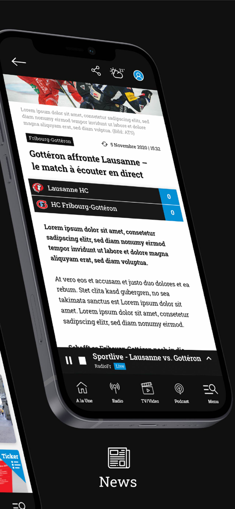 Frapp - Nachrichtenoberfläche der Frapp-App, die einen Live-Eishockey-Artikel auf Französisch zeigt