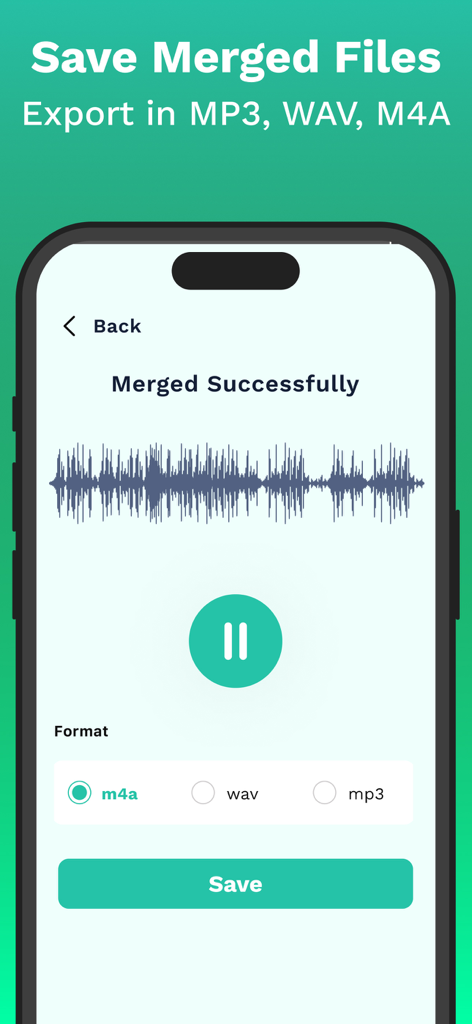 Interfaz de la aplicación Voice Note Merger que muestra la pantalla de guardado para archivos de audio fusionados con opciones de formato y forma de onda