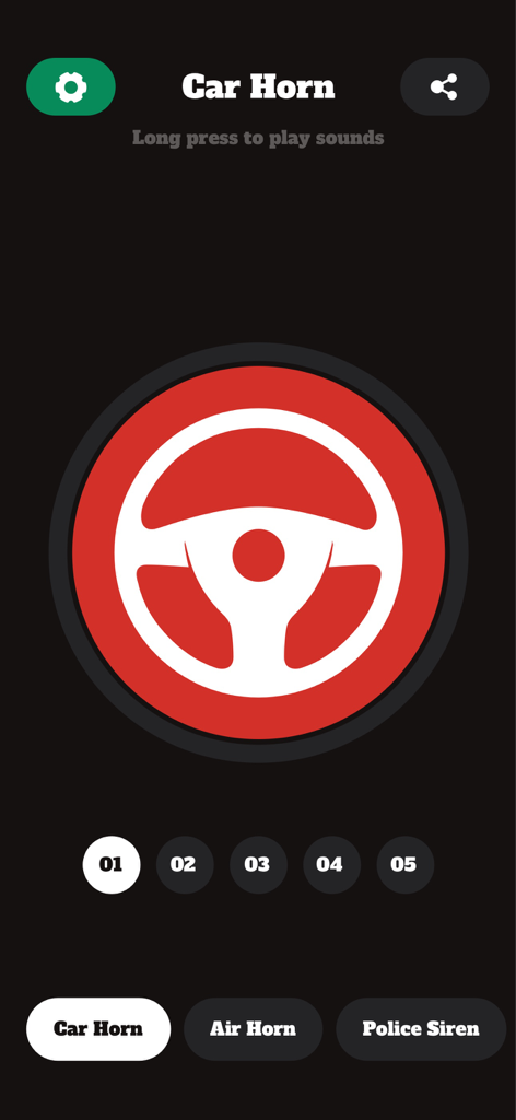 Horn Sounds - Car Horn & Siren - The car horn sound interface within the app featuring a large red steering wheel button and five different sound options