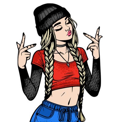 realistic teenage girl with braids and a beanie and crop top doing 🫶🏼
