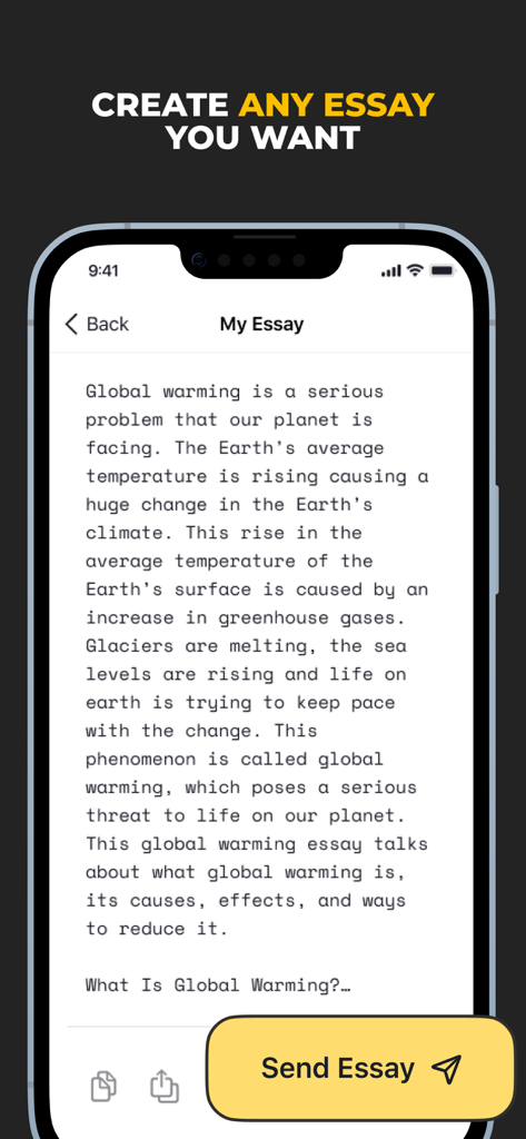 Écran de l'application Friday AI Essay Writing montrant une dissertation sur le réchauffement climatique