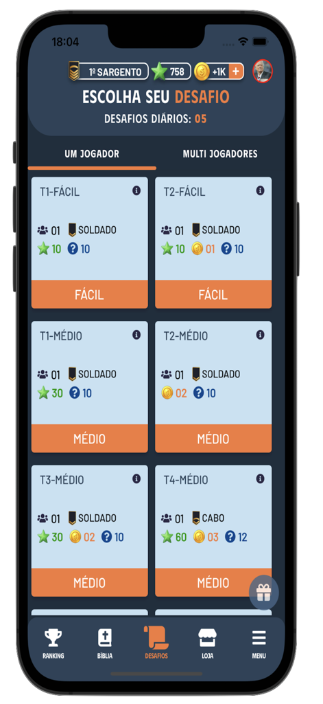 Bíblia Play - Menu do jogo Biblia Play para escolher desafios bíblicos em modos de jogador único ou multijogador.