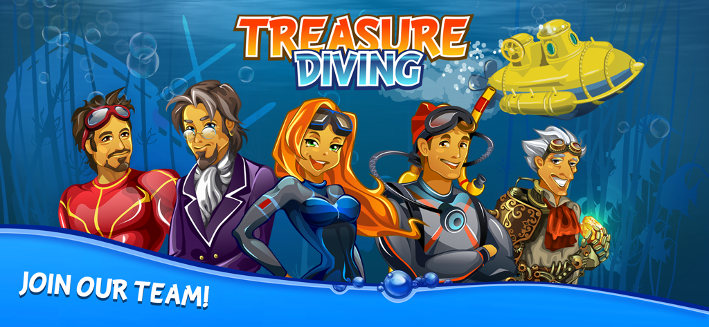 Treasure Diving - Una imagen promocional de Treasure Diving con un grupo de personajes coloridos y un submarino amarillo bajo el agua con el texto Únete a Nuestro Equipo