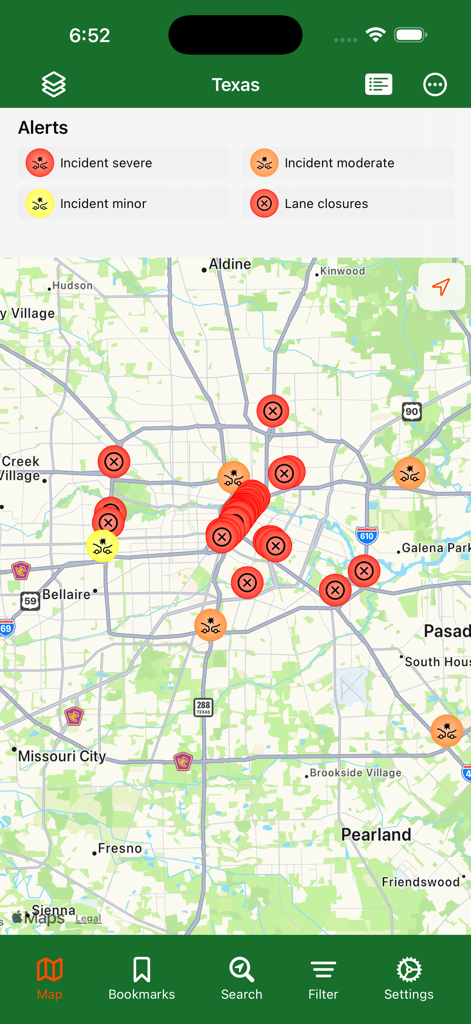 Texas Traveler - A map of Houston showing real-time traffic incidents and lane closures in the Texas Traveler app.