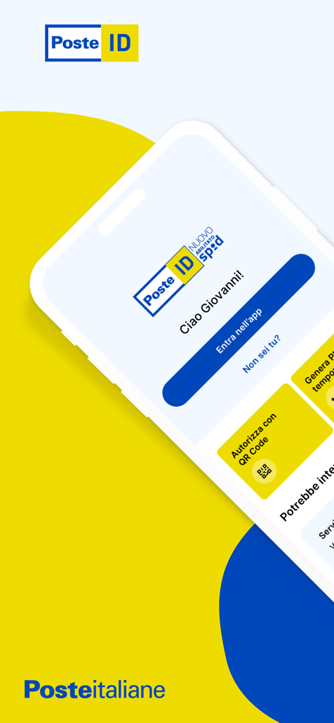 The welcome screen of the PosteID app on a smartphone showing login and QR code authorization features.