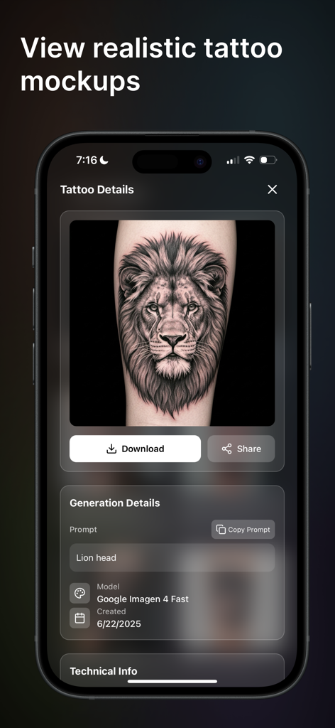Inko - AI Tattoo Generator - A realistic lion head tattoo mockup on an arm displayed within the Inko AI Tattoo Generator app interface.