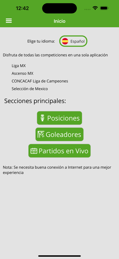 Home screen of the Mexican Soccer Live app showing options for league standings, top scorers, and live matches