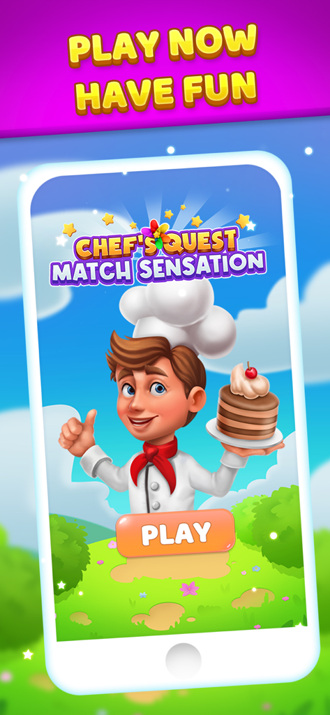 Chef's Quest: Match Sensation - Cartoon chef holding a chocolate cake on the game home screen
