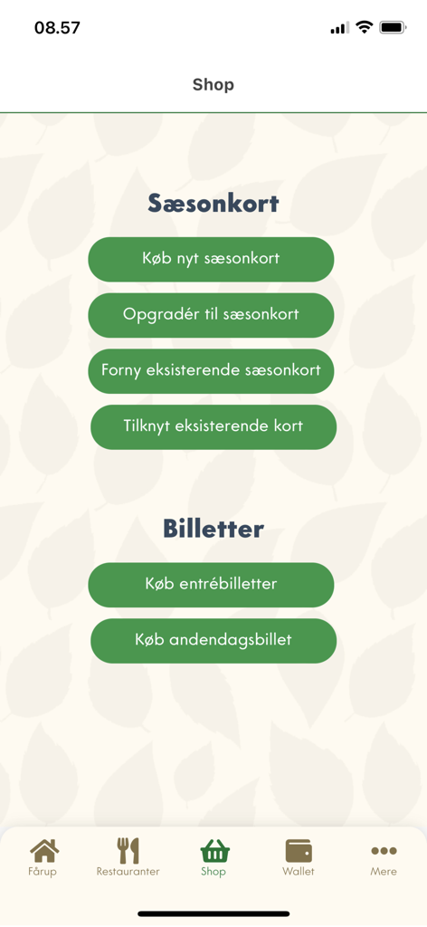 Fårup Sommerland - In-app shop interface for Farup Sommerland showing ticket and season pass options